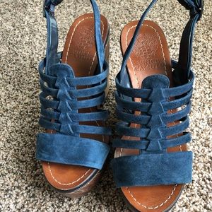 Blue suede sandals with faux wood wedges